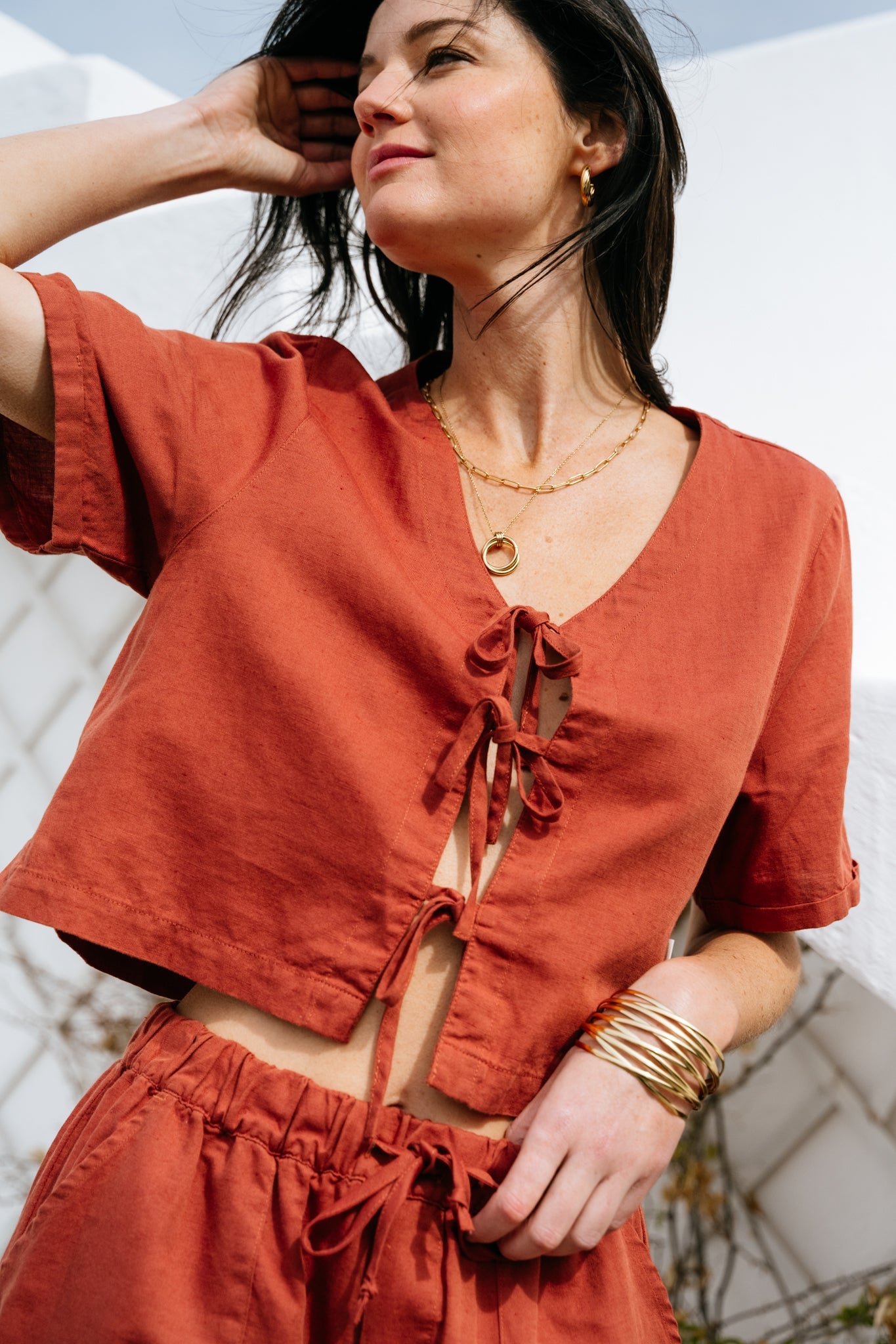 Top  à noeuds en coton bio et lin | terracotta "Beau top - terra"