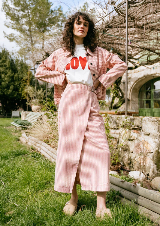 Jupe portefeuille longue en coton bio | rayée rouge "irma striped denim skirt red white"