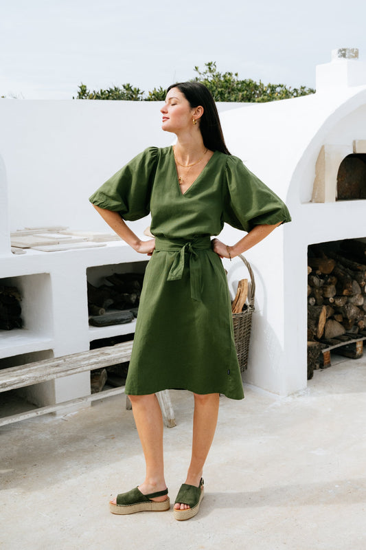 Robe midi en coton bio et lin | vert "may dress - pine green"