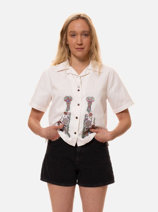 Chemisier manches courtes en coton bio | Blanc brodé "moa floral egg white"