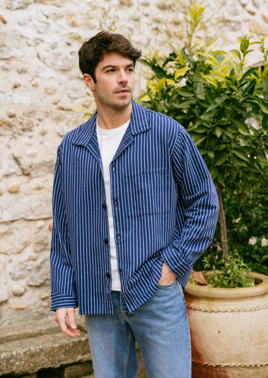 Chemise en coton bio | Rayé bleu et blanc "berra striped worker shirt blue"