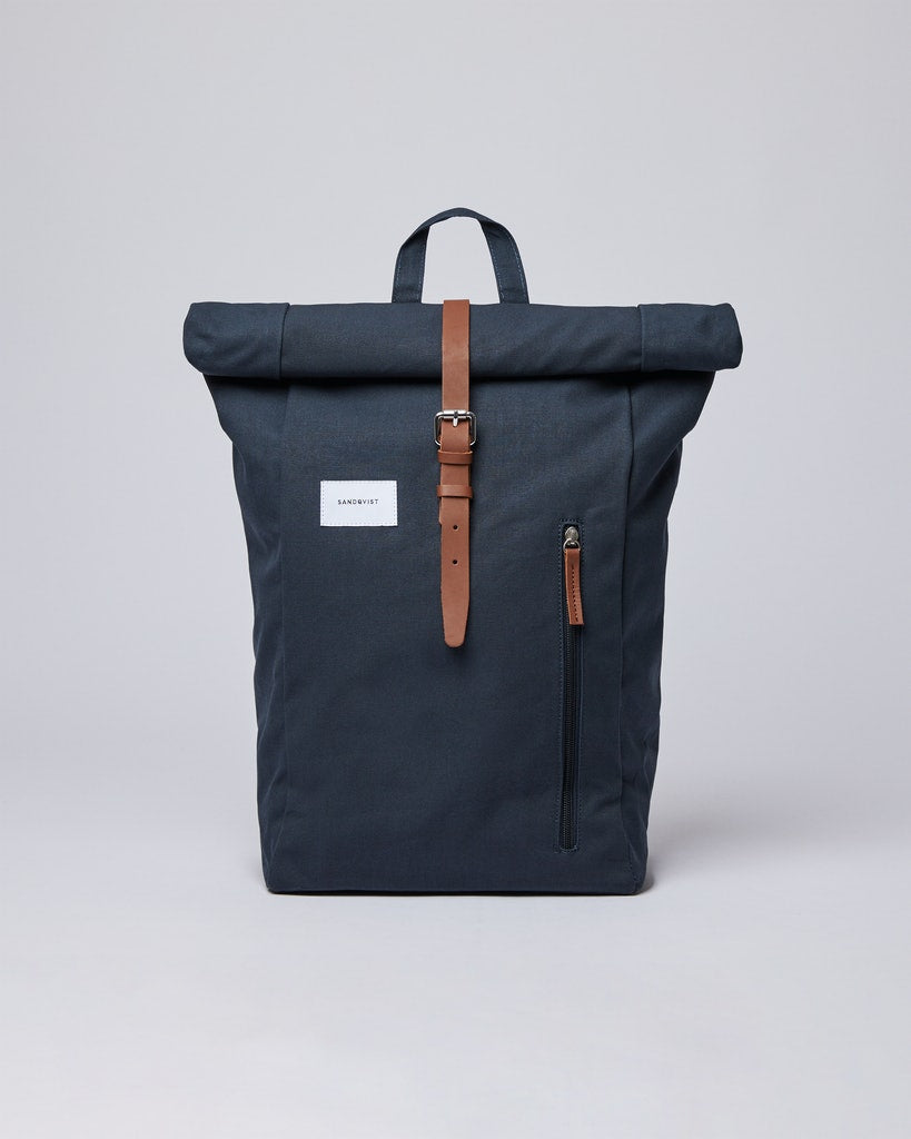 Sac à dos roll-top en recyclé | Marine "dante navy with cognac brown leather"