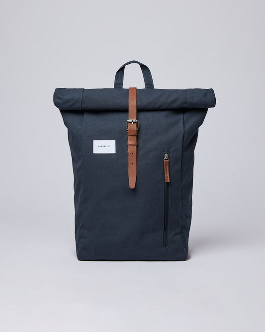 Sac à dos roll-top en recyclé | Marine "dante navy with cognac brown leather"
