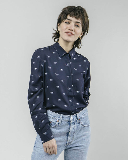 Chemise marine à motifs oiseaux en coton bio - Japanese Sky
