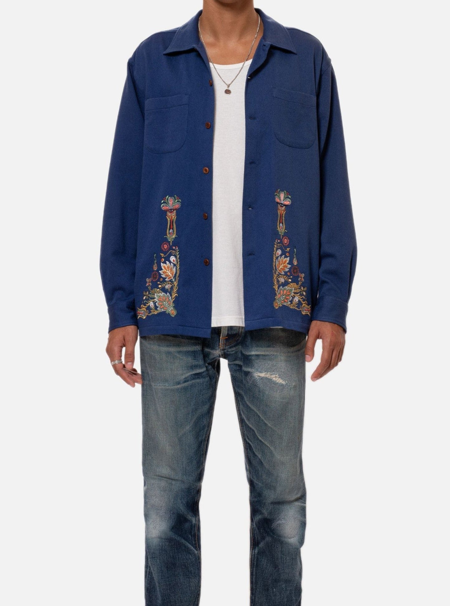 Chemise épaisse bleue brodée en coton bio - vincent floral french bue