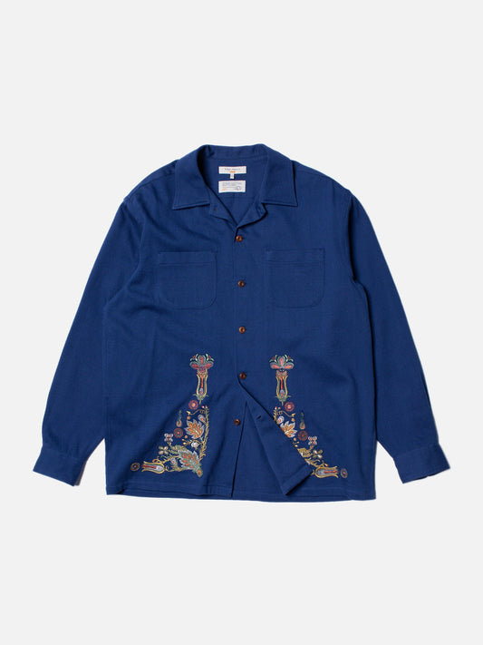 Chemise épaisse bleue brodée en coton bio - vincent floral french bue