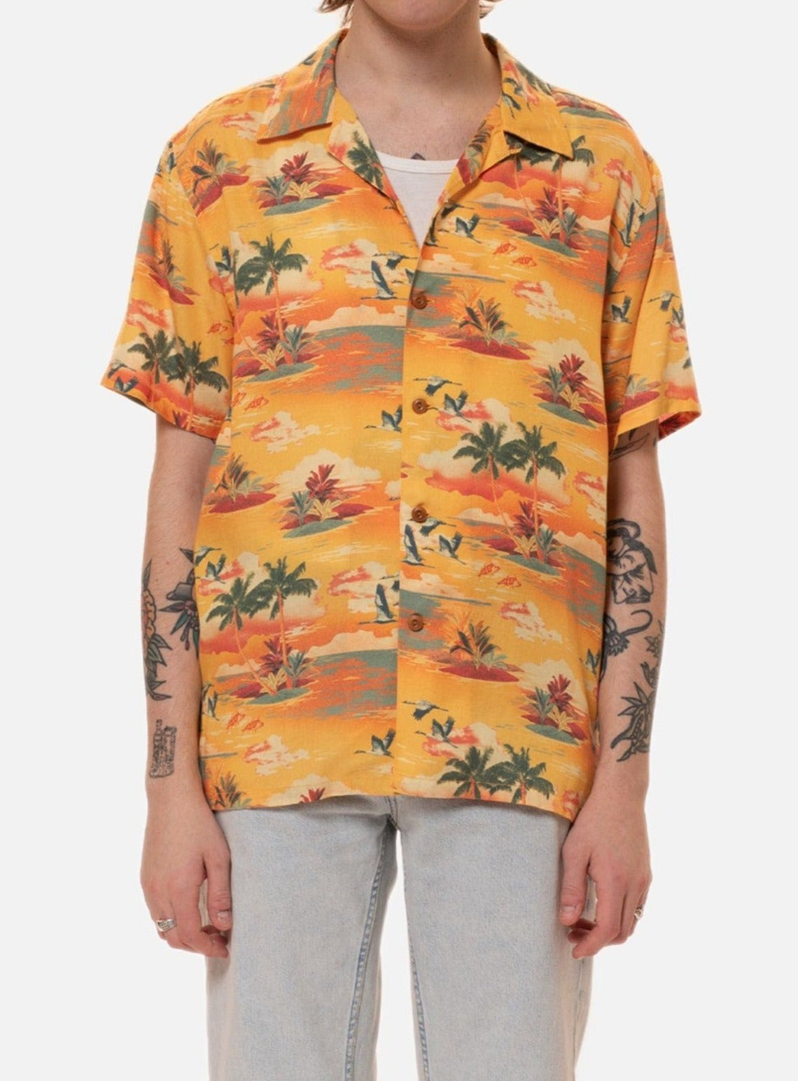 Chemise manches courtes jaune en tencel - arvid hawaii sunflower