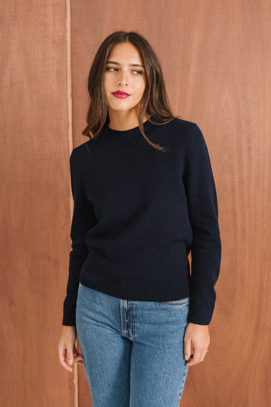 Pull droit en laine mérinos recyclée | marine