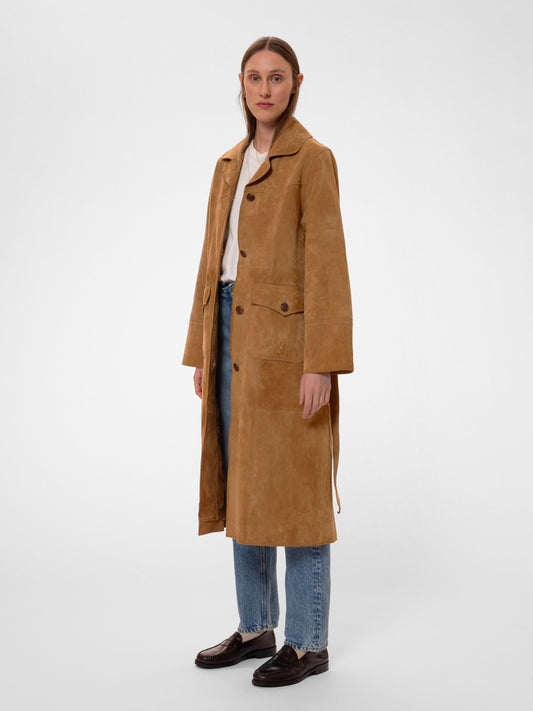 Trench en cuir tannage végétal | camel "ilse suede coat tobacco"