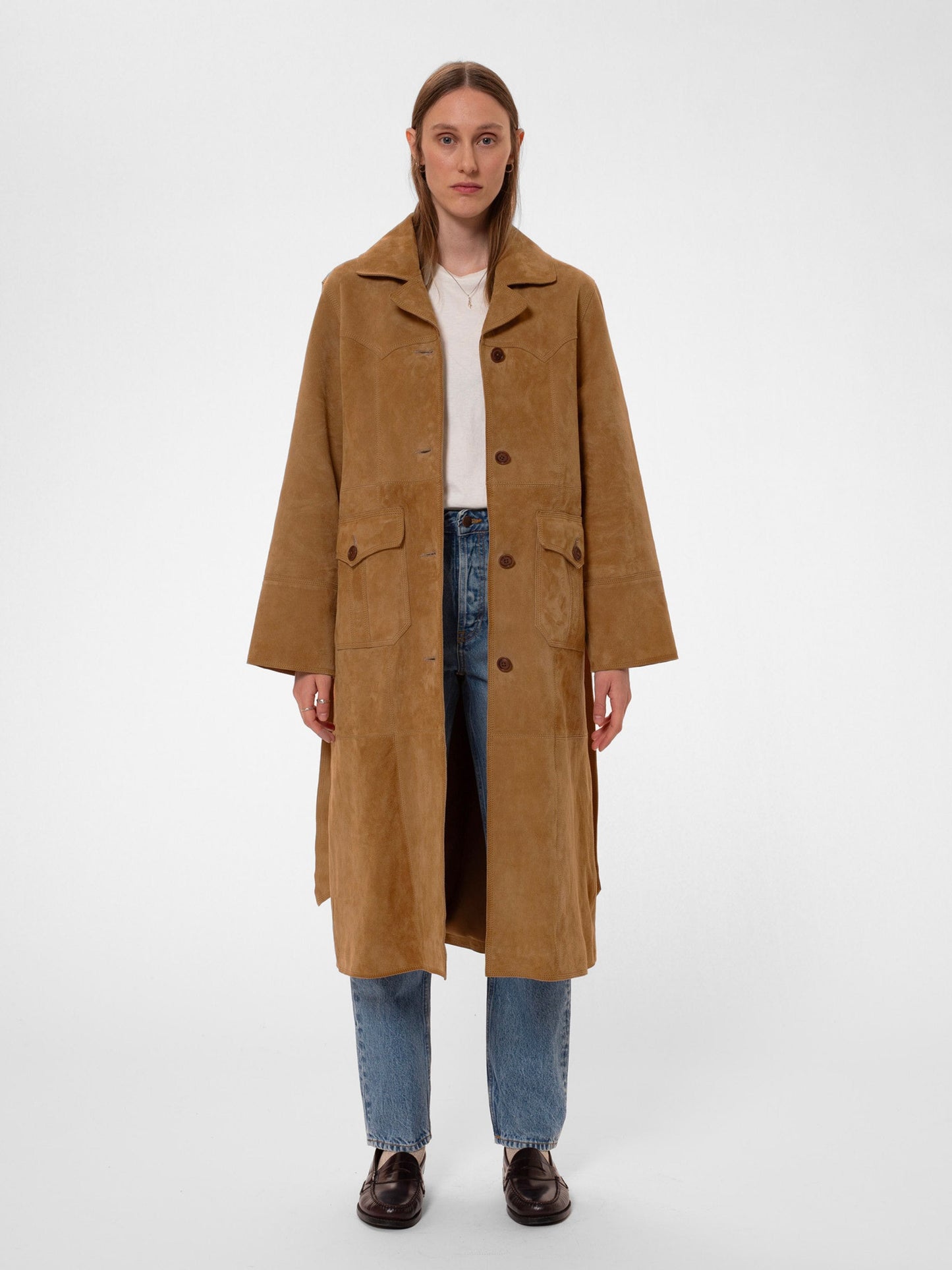 Trench en cuir tannage végétal | camel "ilse suede coat tobacco"