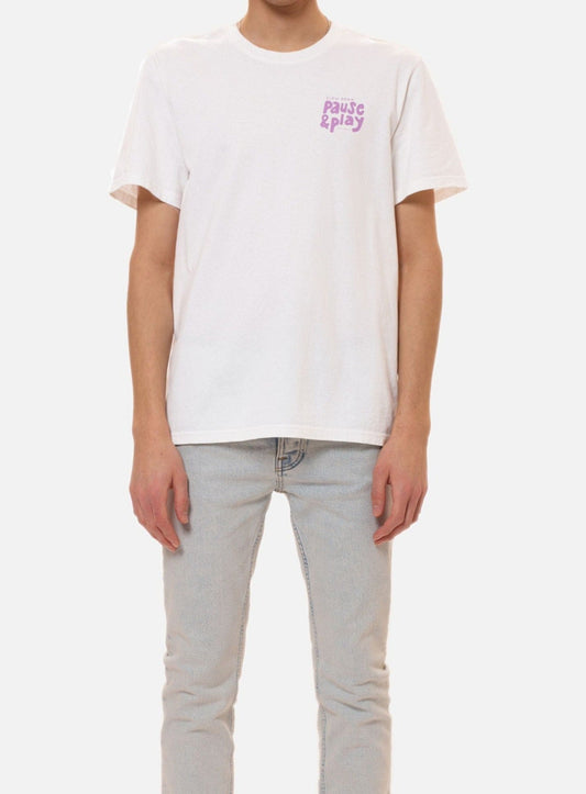 T-shirt blanc imprimé en coton bio - roy pause and play chalk white