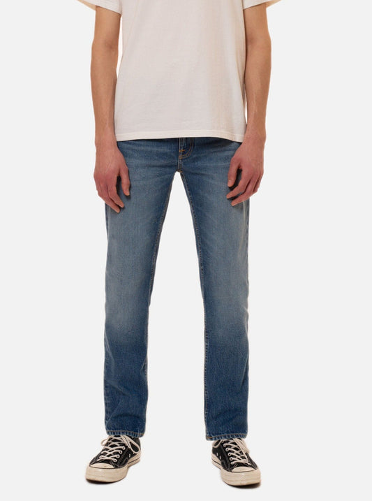 Jean droit bleu délavé en coton bio - gritty jackson blue traces