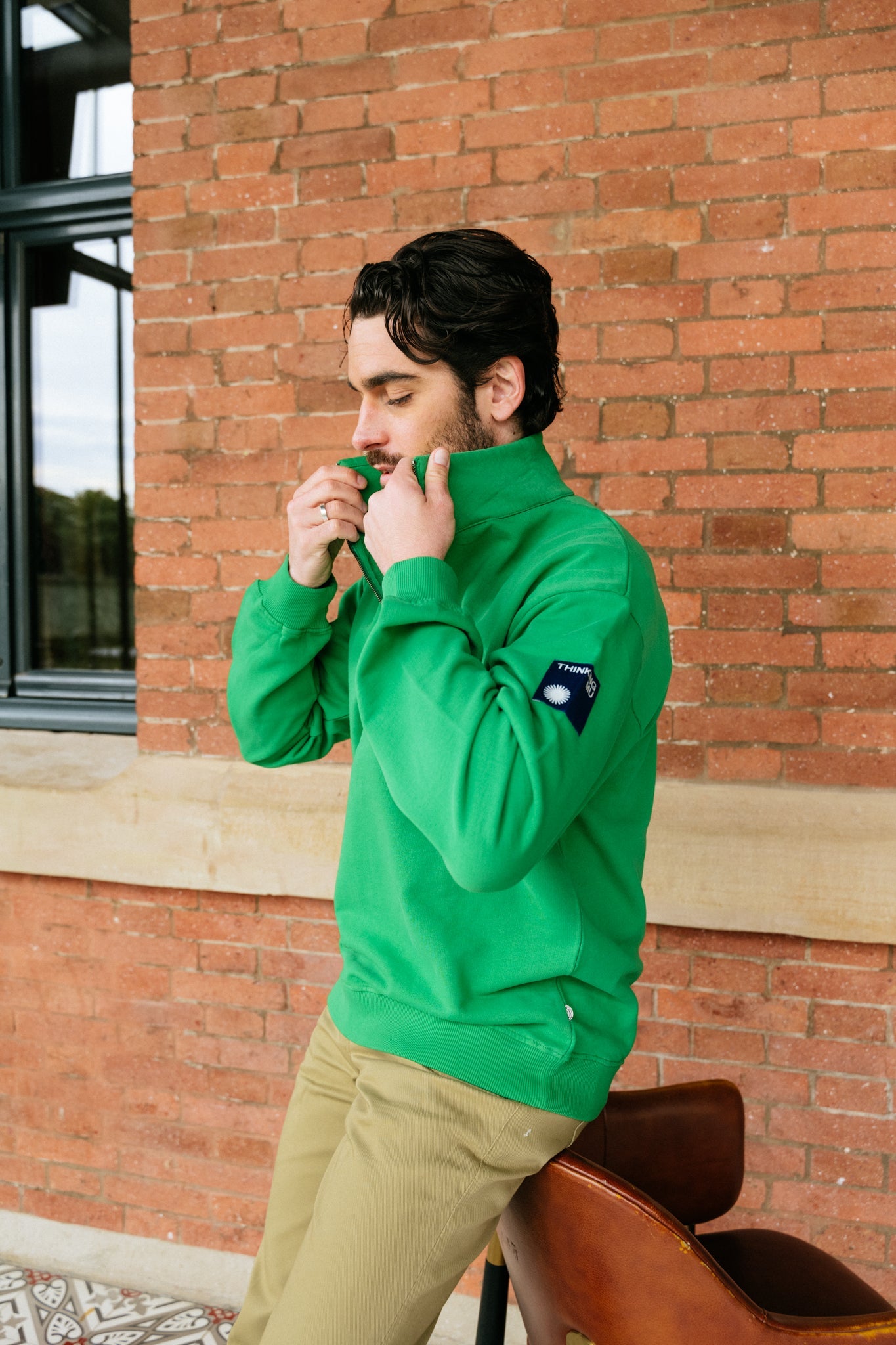 Sweat col zippé vert en coton bio - clover green challenger sweatshirt