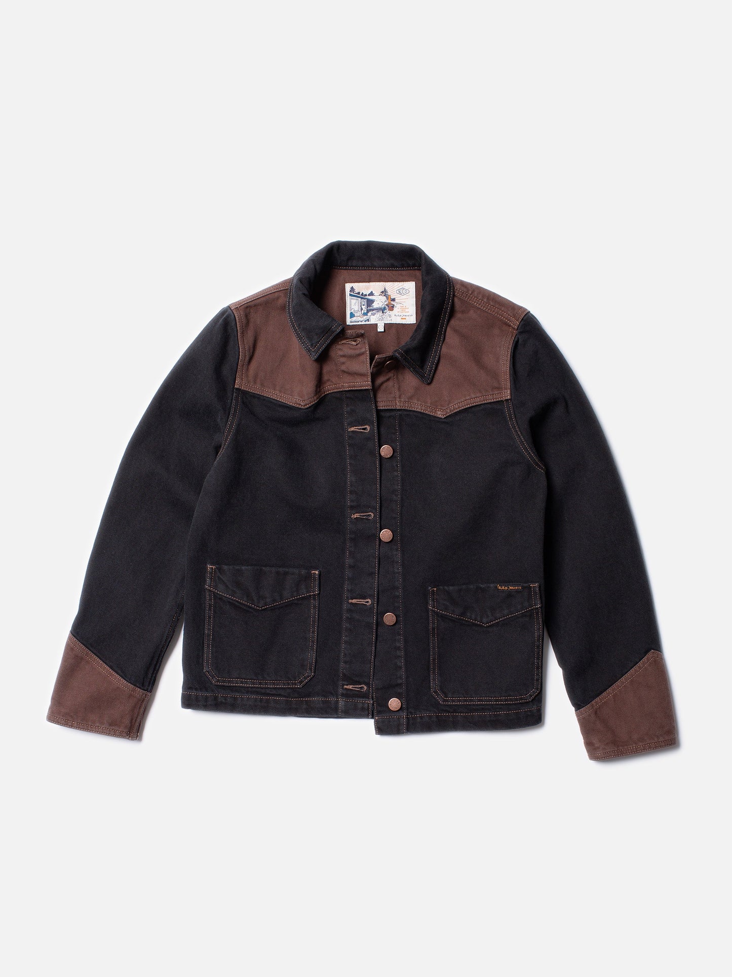 Veste en jean en coton recyclé et bio | Marron "kelly western jacket blocked black/brown"