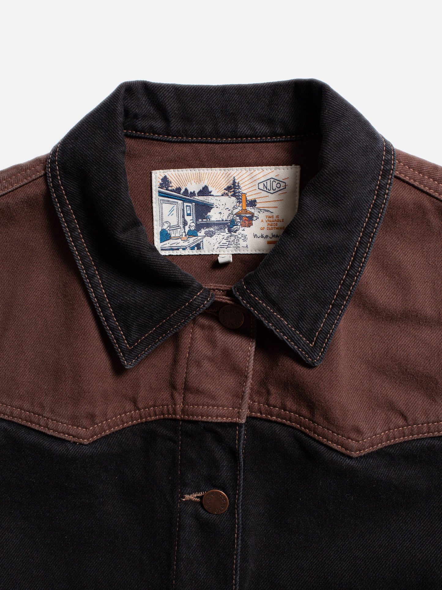 Veste en jean en coton recyclé et bio | Marron "kelly western jacket blocked black/brown"