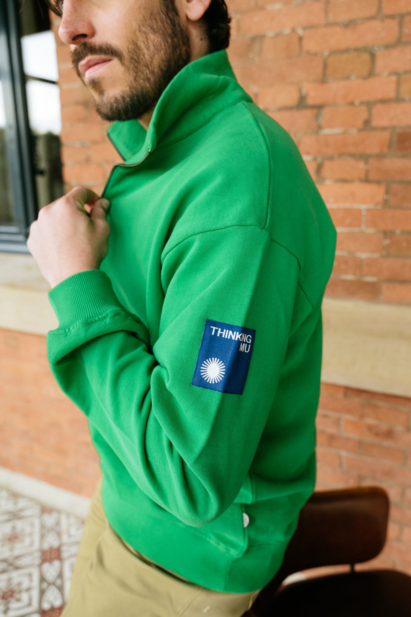 Sweat col zippé vert en coton bio - clover green challenger sweatshirt