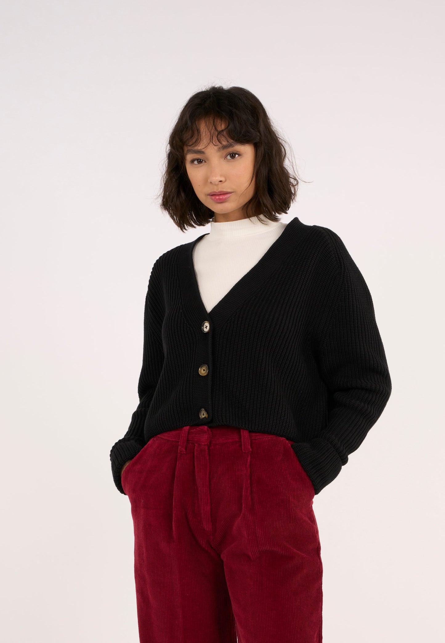 Gilet oversize noir en coton bio et tencel - v-neck cardigan black jet