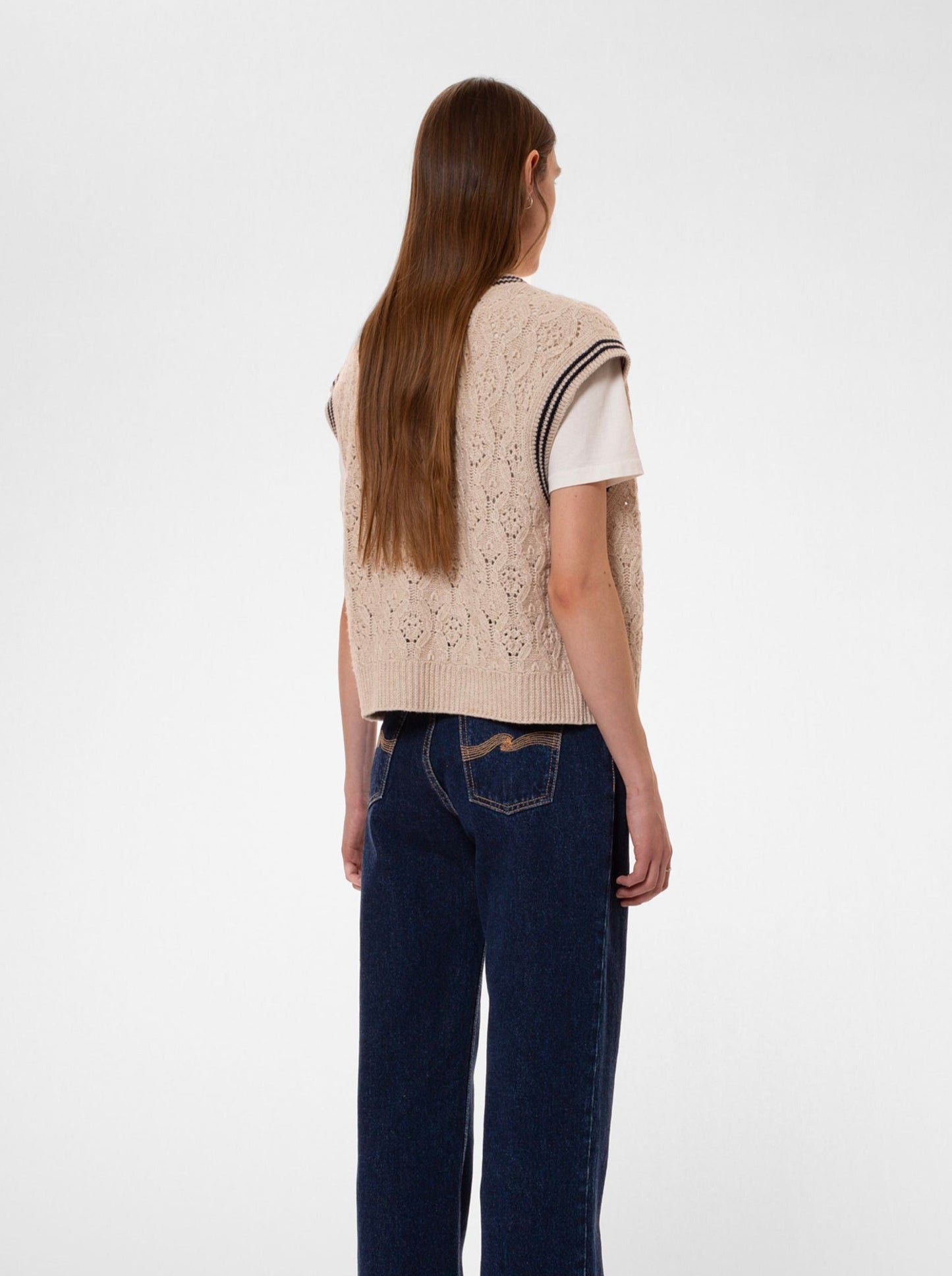 Gilet sans manches en pointelle en laine et coton bio | Écru "kim pointelle knit vest oat"