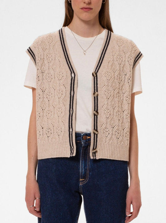 Gilet sans manches en pointelle en laine et coton bio | Écru "kim pointelle knit vest oat"