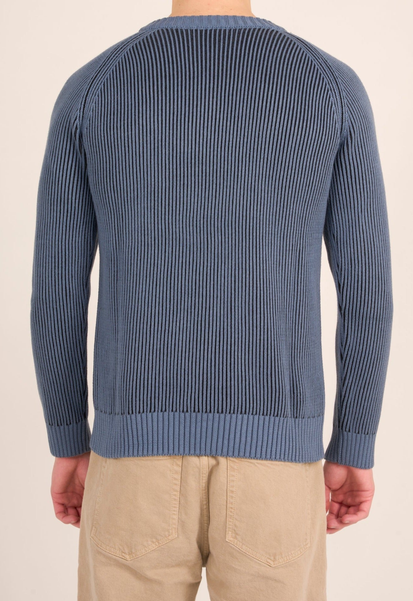 Pull marine maille en coton bio - two toned rib raglan crew neck knit china blue