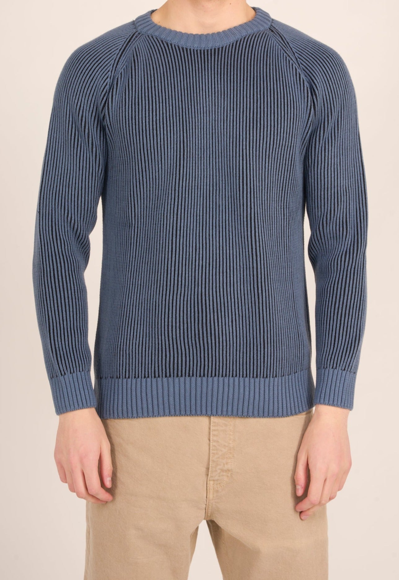 Pull marine maille en coton bio - two toned rib raglan crew neck knit china blue