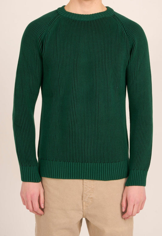 Pull bicolore vert foncé maille en coton bio - rib raglan crew neck knit trekking green