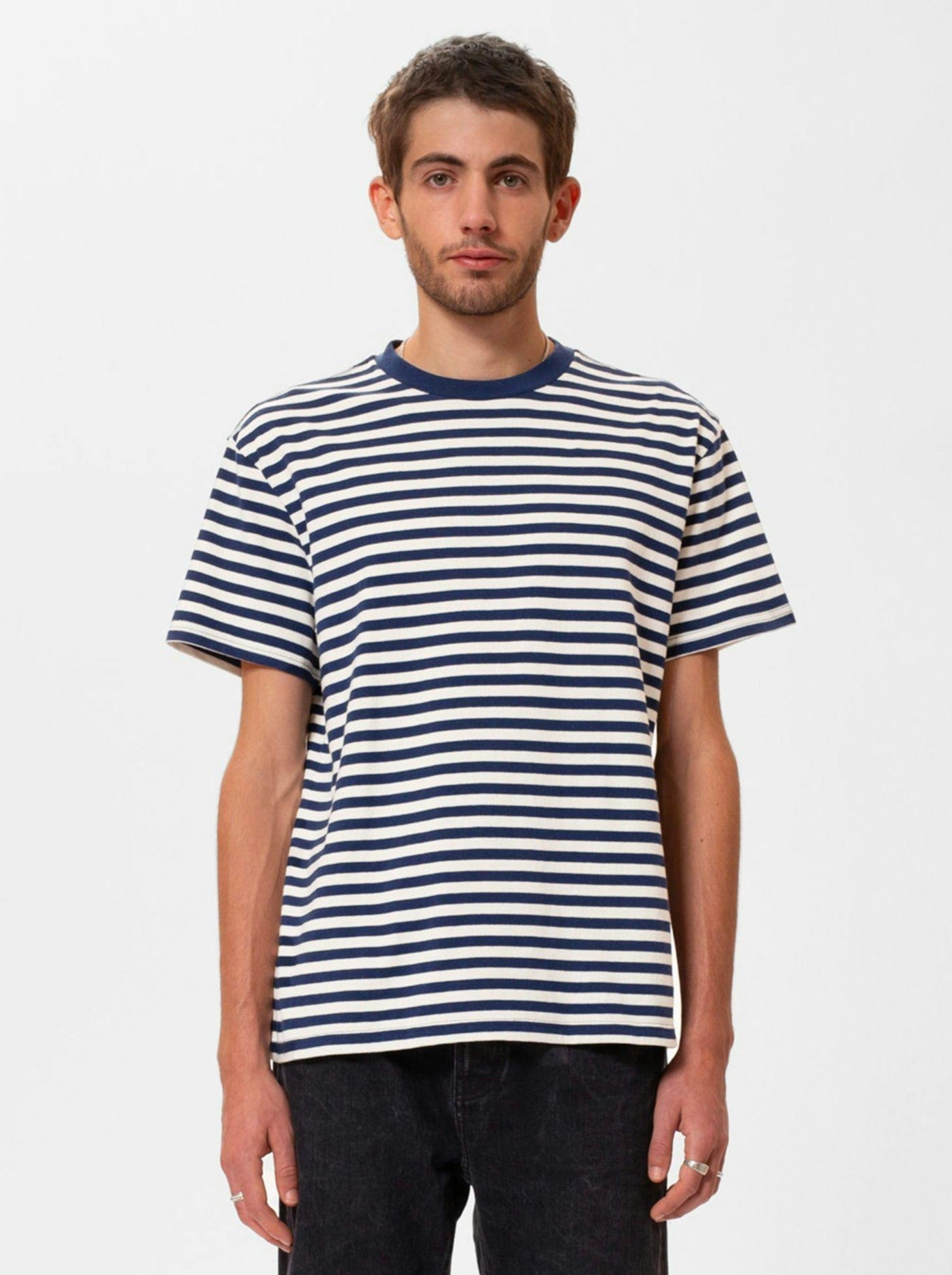 T-shirt rayé en coton bio | bleu "leif breton stripe t-shirt offwhite blue"