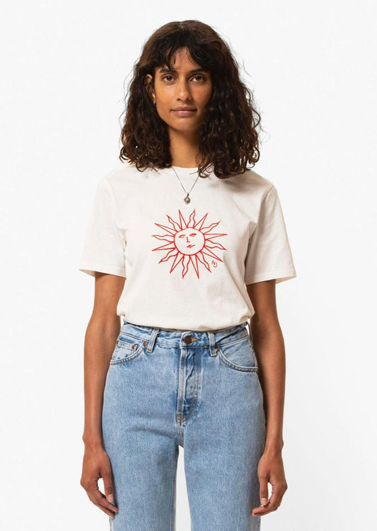 T-shirt brodé en coton bio | blanc et rouge "joni embroidery sun t-shirt offwhite"