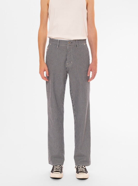 Pantalon ample en coton bio | Denim rayé bleu et blanc "tuff tony hickory pants"