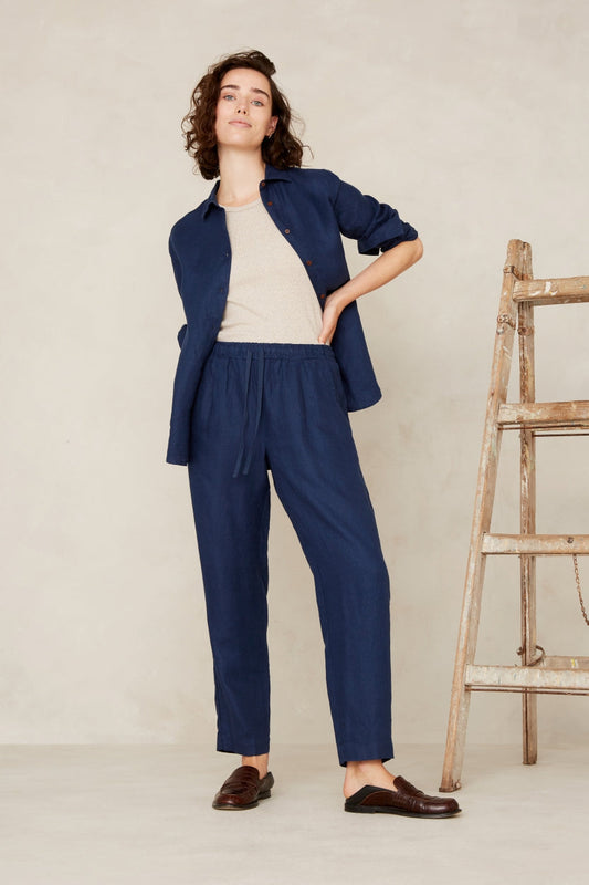 Pantalon marine en lin - lourdes worker blue linen
