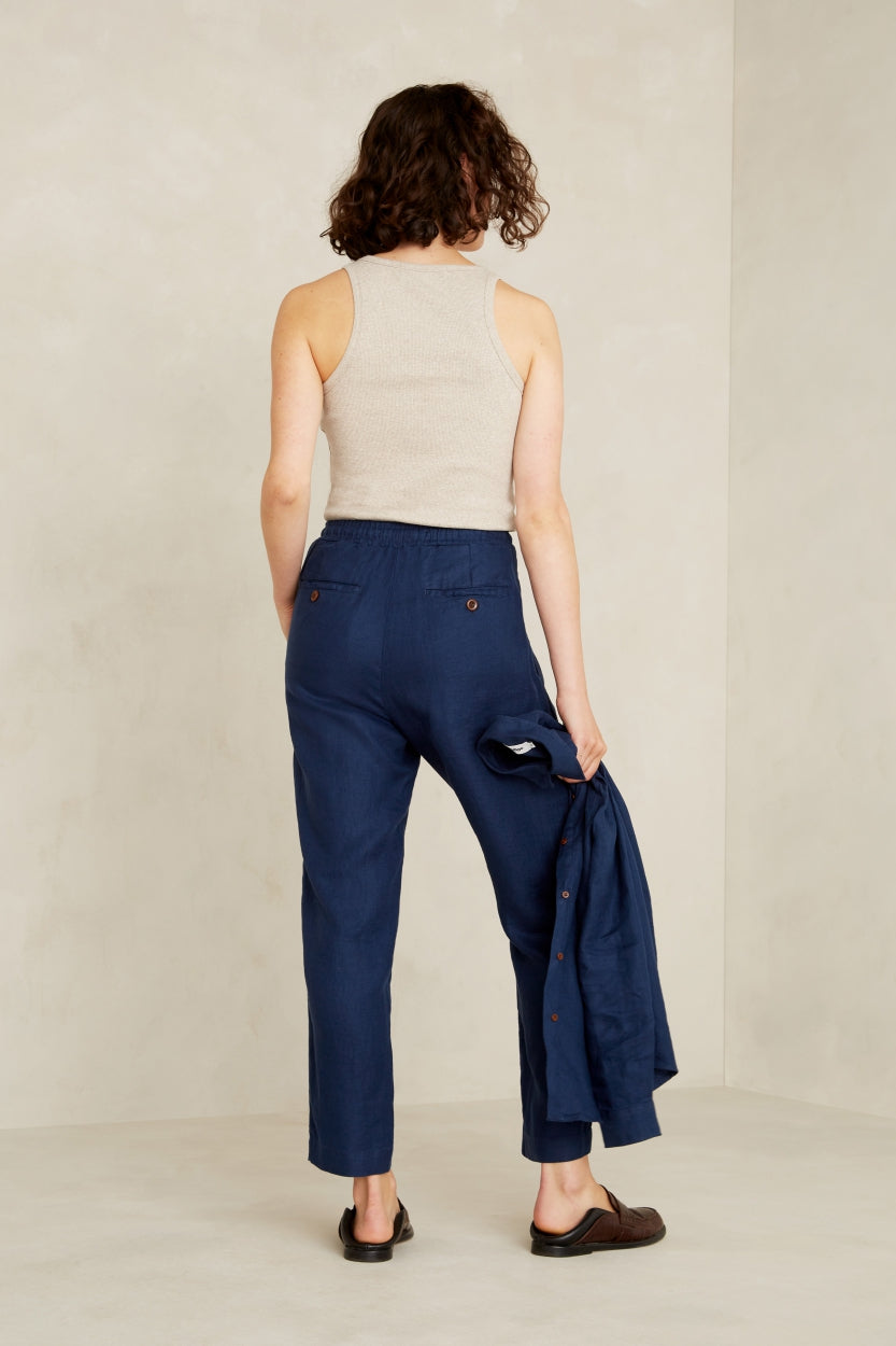 Pantalon marine en lin - lourdes worker blue linen