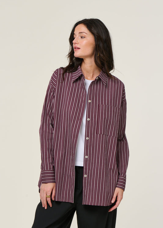 Chemise ample en coton bio | rayé bordeaux "mamro - cherry lacquer/white striped"