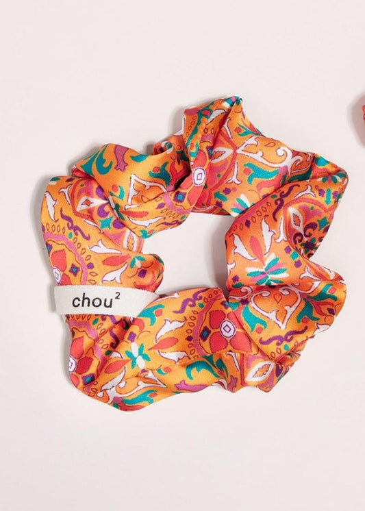 Chouchou en matière upcyclée | satin imprimé orange