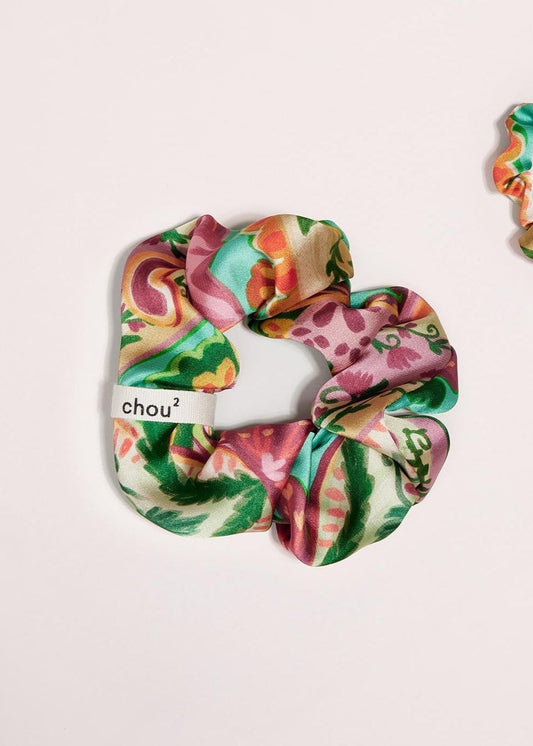 Chouchou en matière upcyclée | satin imprimé vert