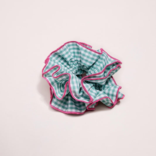 maxi chouchou en matière upcyclée | vichy vert/rose