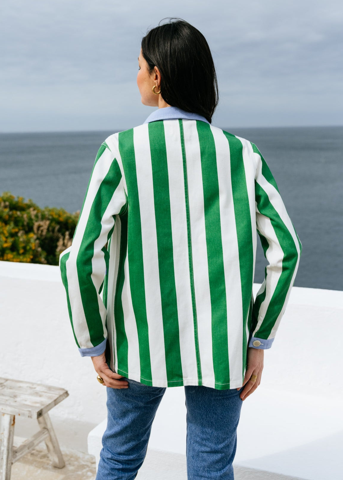 Veste en coton bio | rayé "Revivre - vert gazon / vanille"
