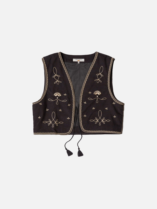Gilet brodé sans manches en coton bio | noir "vera embroidered vest black"