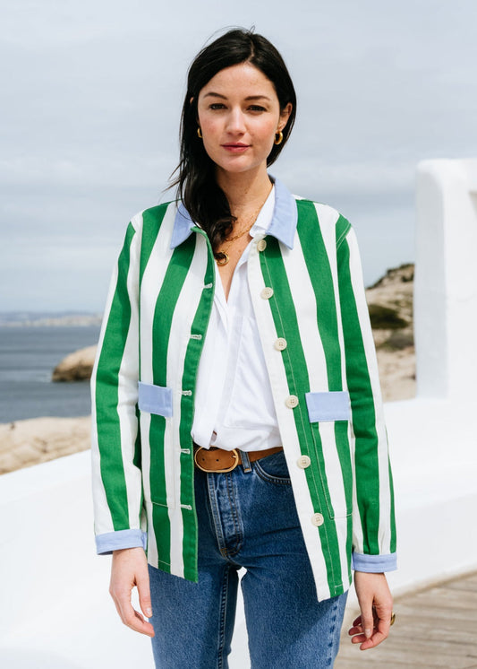 Veste en coton bio | rayé "Revivre - vert gazon / vanille"