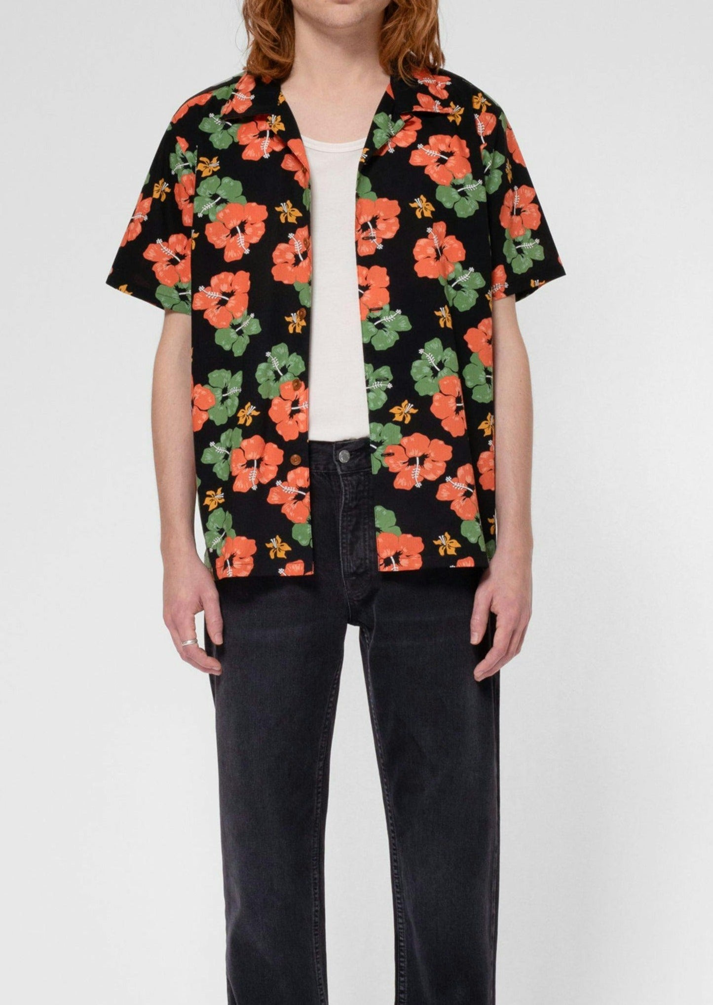 Chemisette à motif en coton bio | noir "arvid flower hawaii shirt black"