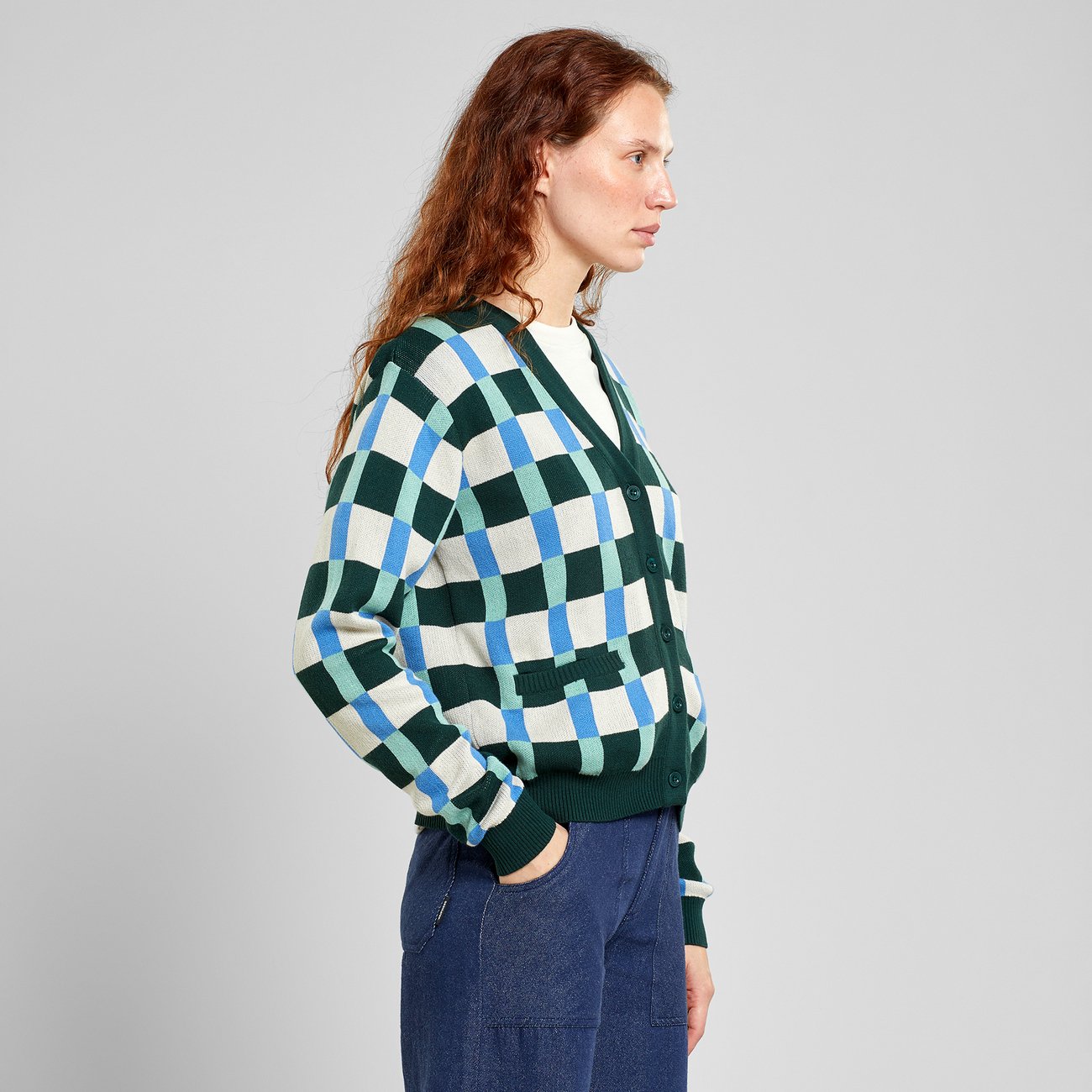 Gilet en tricot de coton bio | Jacquard "cardigan iggesund retro check dark green pine"