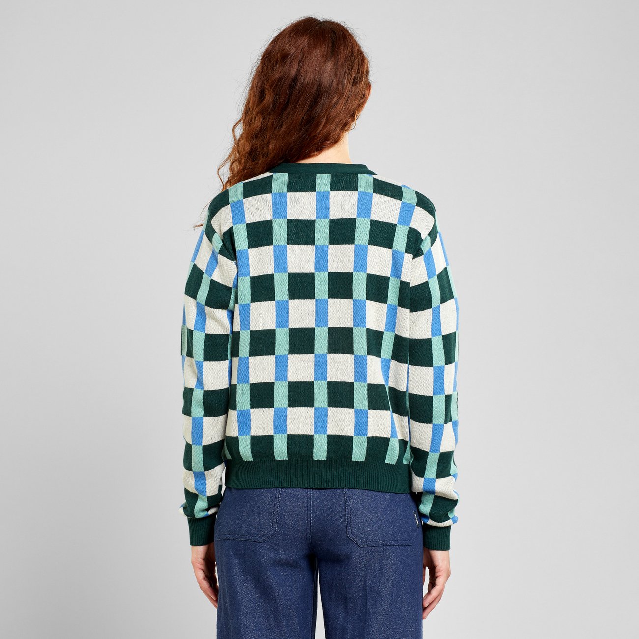 Gilet en tricot de coton bio | Jacquard "cardigan iggesund retro check dark green pine"