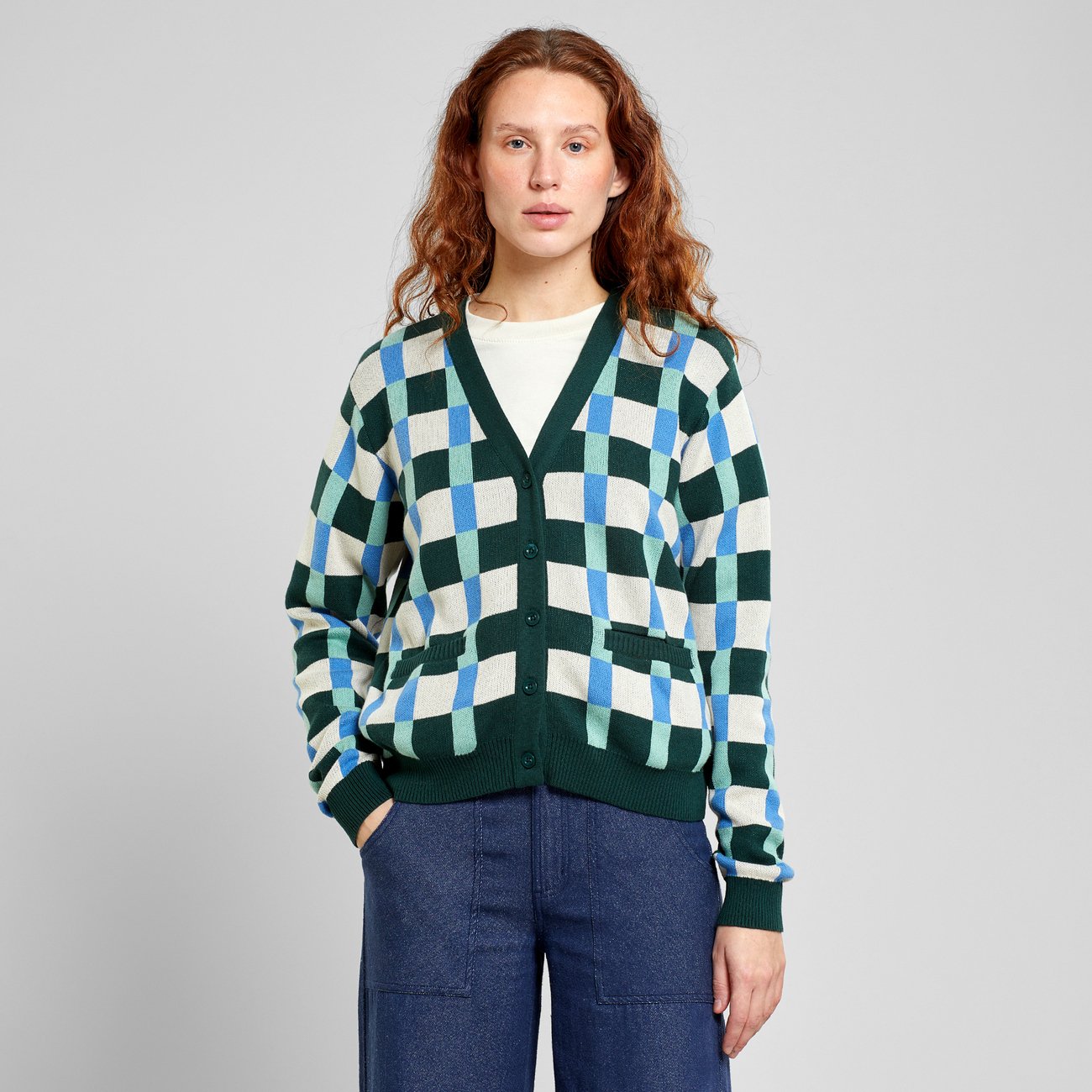 Gilet en tricot de coton bio | Jacquard "cardigan iggesund retro check dark green pine"