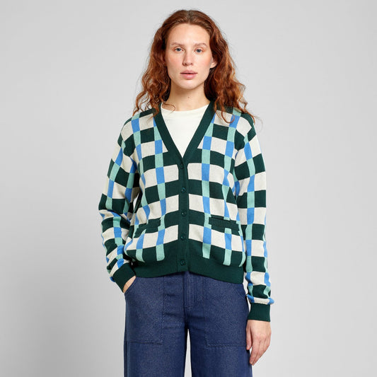 Gilet en tricot de coton bio | Jacquard "cardigan iggesund retro check dark green pine"