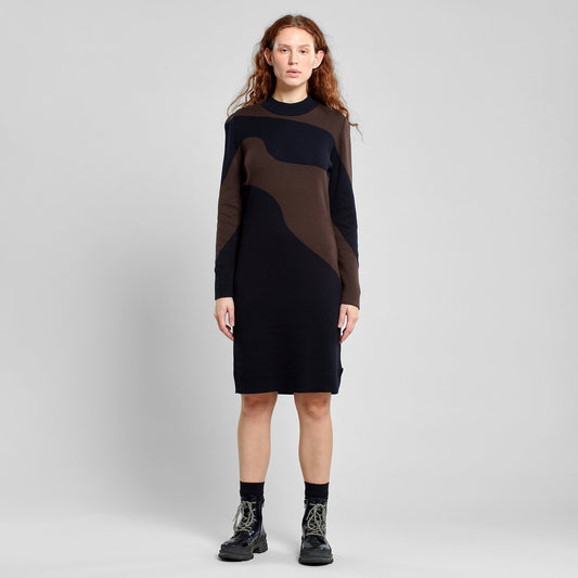 Robe midi en tricot de coton bio | Bicolore "dress lo flowy blocks black/coffee brown"