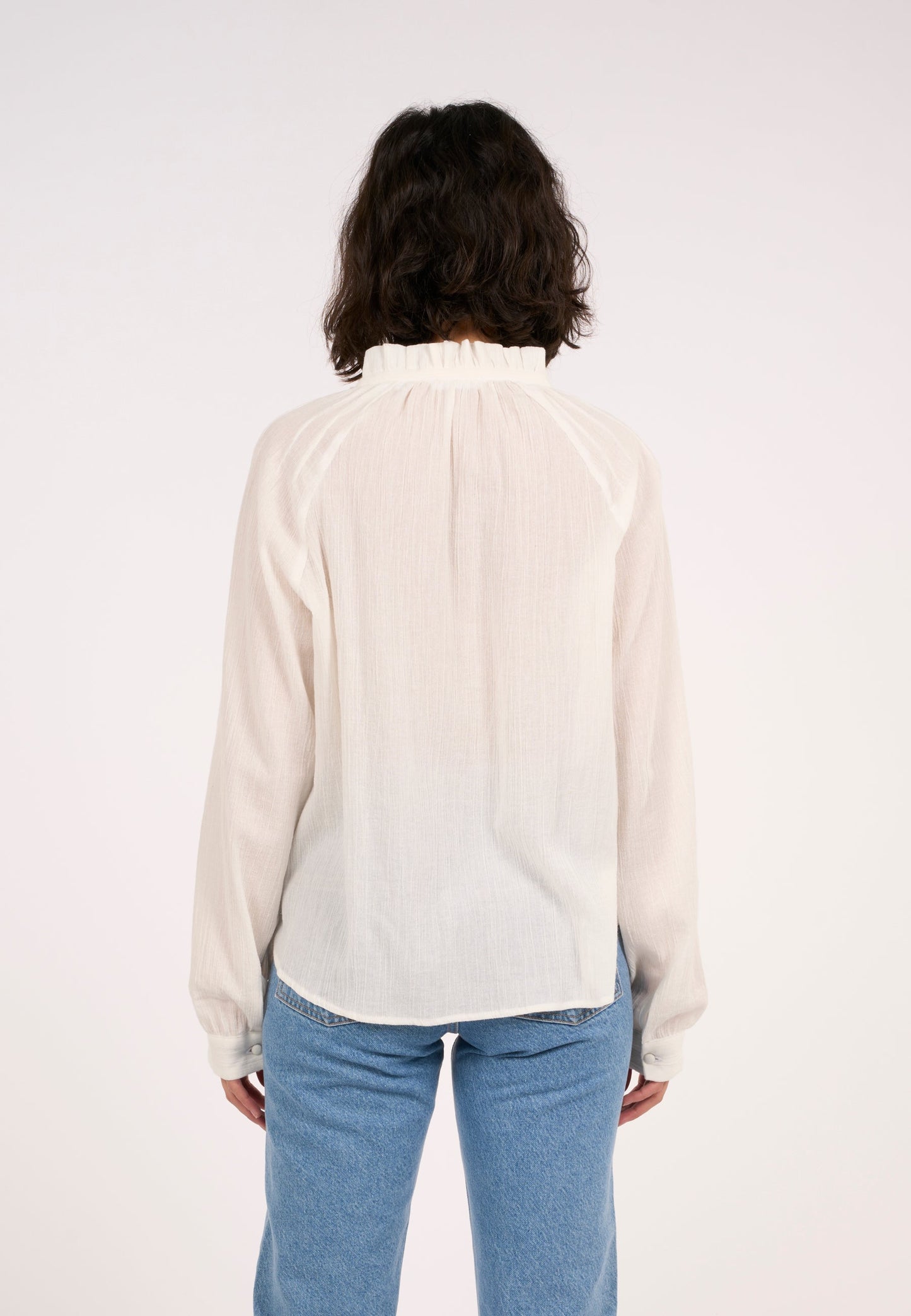 Blouse blanche en crêpe de coton bio - stand ruffle collar a-shape blouse snow white