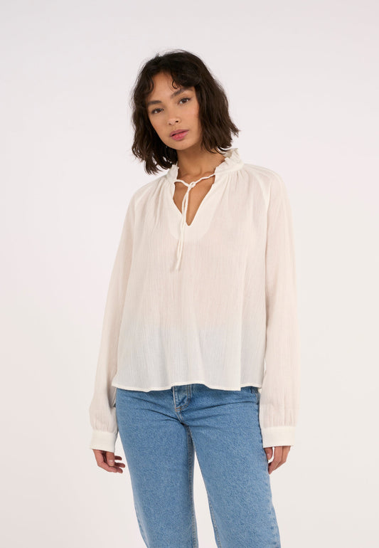 Blouse blanche en crêpe de coton bio - stand ruffle collar a-shape blouse snow white