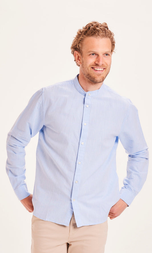 Chemise col mao bleu ciel en coton bio et lin - Larch skyway