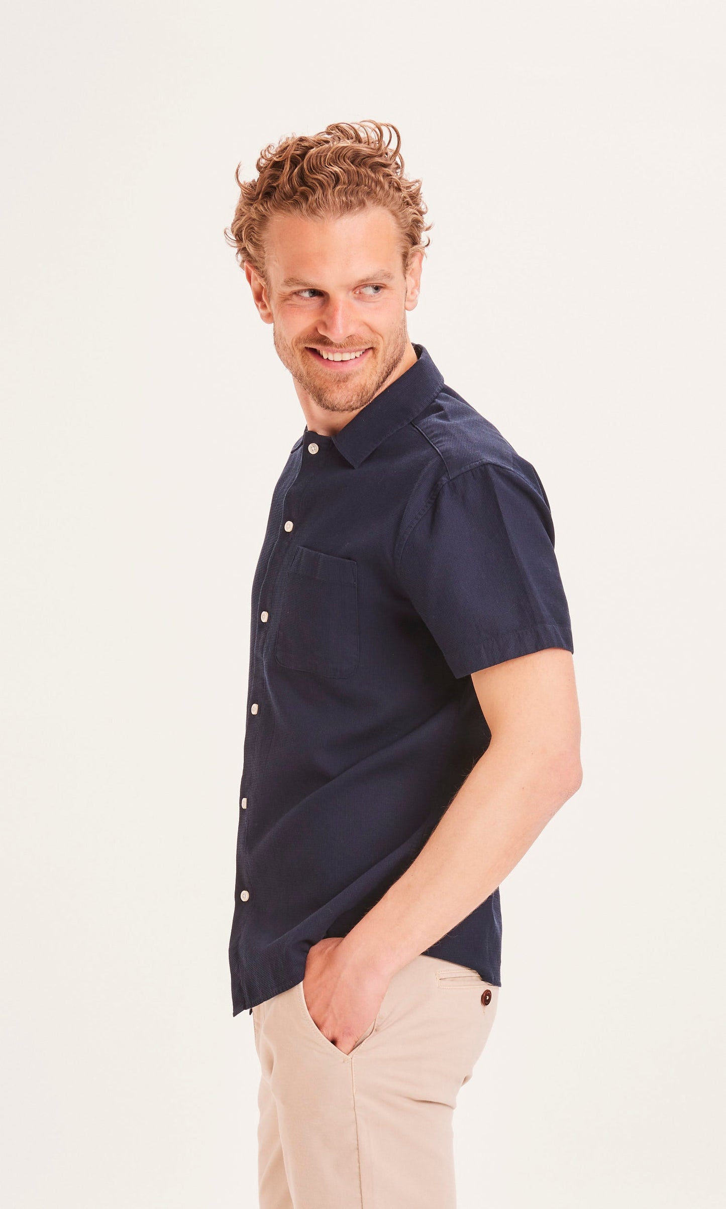 Chemise manches courtes marine en coton bio - LARCH waffle shirt total eclipse