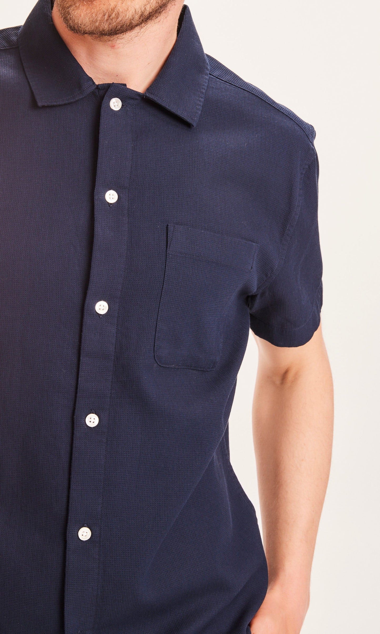Chemise manches courtes marine en coton bio - LARCH waffle shirt total eclipse
