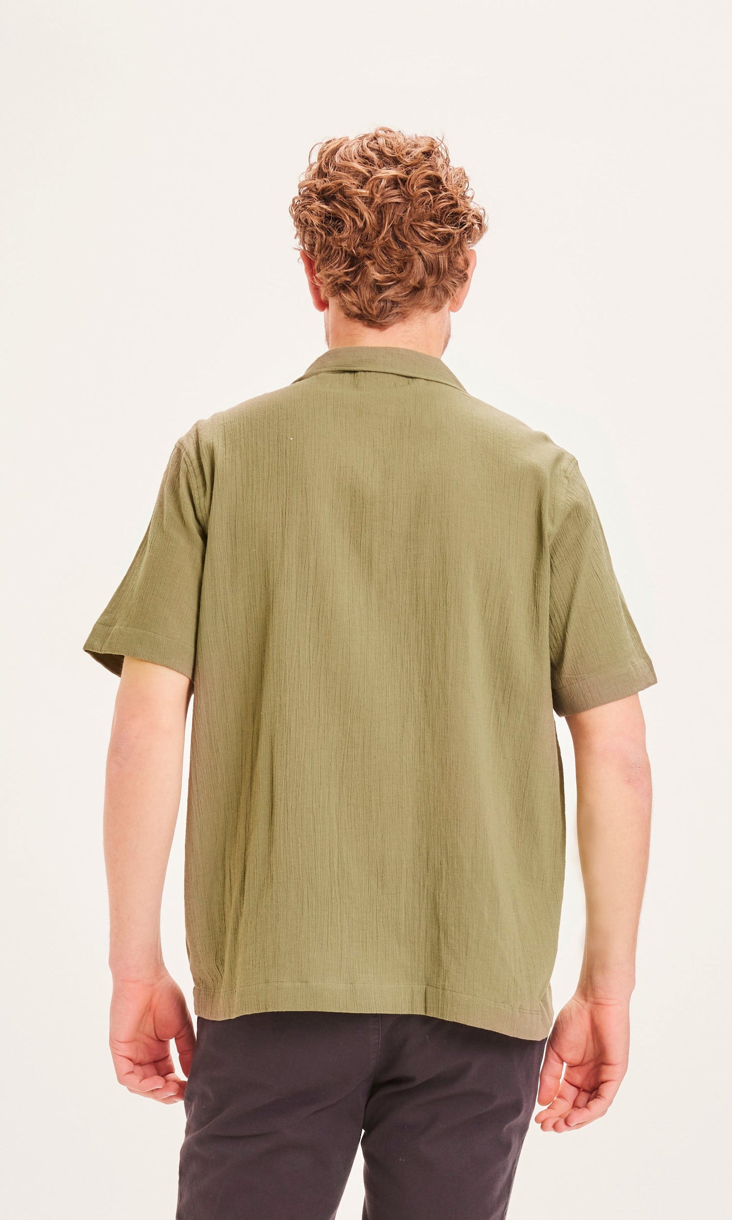 Chemise manche courte vert-olive en coton bio - WAVE crinkled shirt burned olive